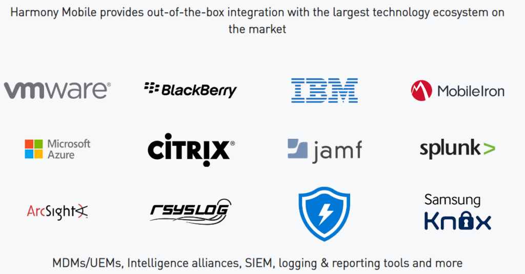 Harmony Mobile Integrations Logo including vmware, blackberry, IBM, mobileiron, microsoft azure, citrix, jamf, splunk, ArcSight, rsyslog, samsung knox